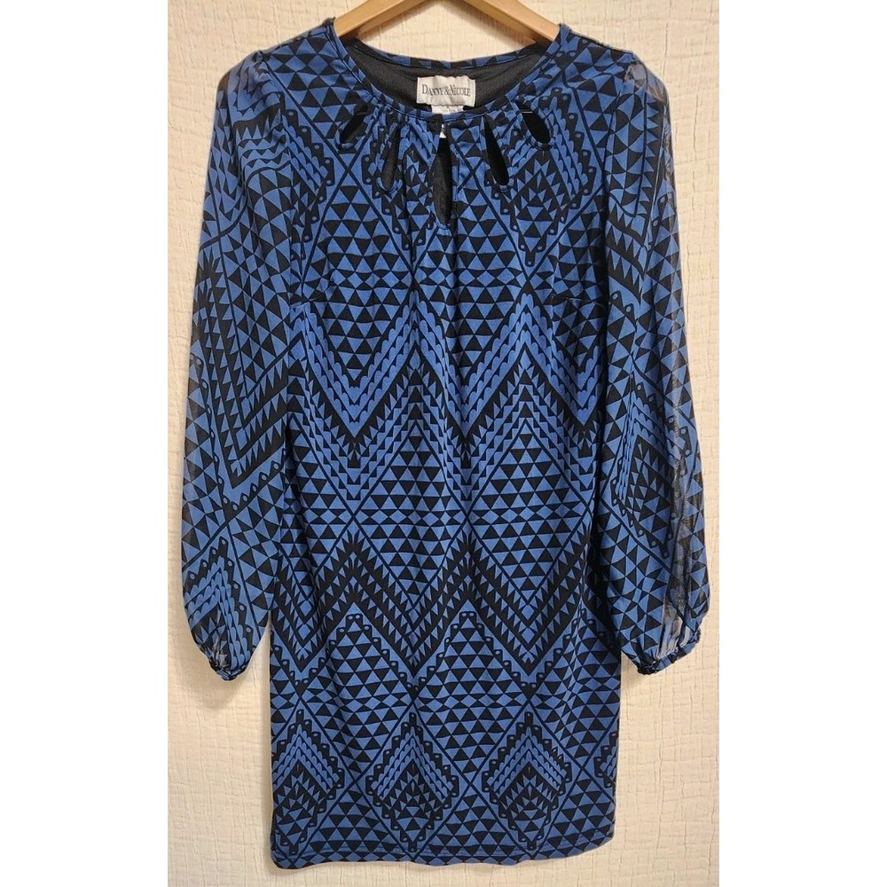 DANNY & NICOLE Shift Dress Women‎ Sz M Aztec Blue Black Keyhole Front Stretch